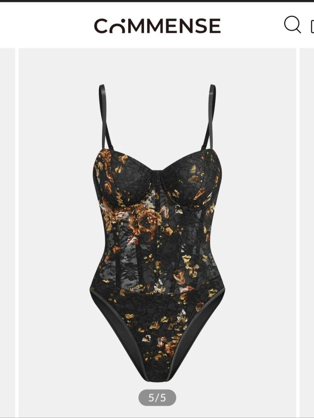 Commense Black Lace Bodysuit with Subtle Gold Embroidery